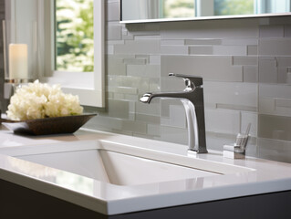 A stylish sink with a chrome faucet in a neat bathroom, inviting immediate use.hygiene concept - obrazy, fototapety, plakaty