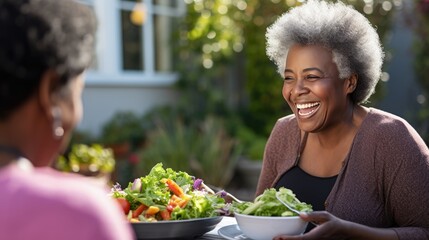 African American Mature woman holding vegan salad with many vegetables. Veganuary, Healthy lifestyle concept. Senior lady Portrait with healthy fresh vegetarian salad..