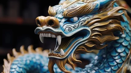 Foto op Canvas Blue wooden Chinese dragon statuette background. Navy Dragon's face of figurine. Happy Chinese new year 2024 Wallpaper concept.. © Oksana Smyshliaeva