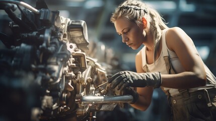 Obraz na płótnie Canvas Skilled Female Mechanic Assembling Engines on Automotive Production Line. Generative ai