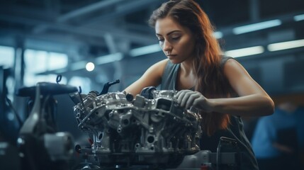 Fototapeta na wymiar Skilled Female Mechanic Assembling Engines on Automotive Production Line. Generative ai