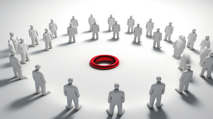 Stand out from the crowd and different creative idea concepts one red target marketing man amongs other white people on white gray background with shadows and reflections 3D rendering