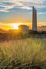 power station tower in sunburst, sunset, sunrise