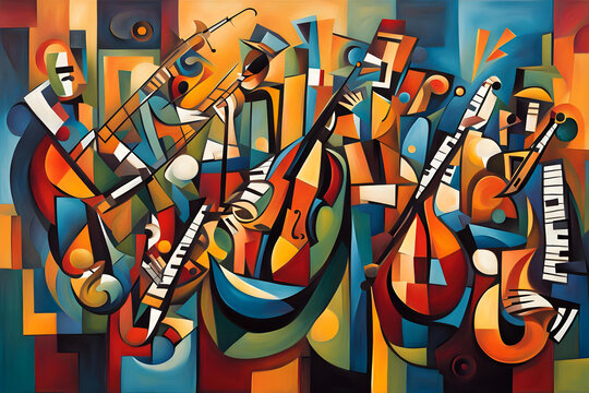 jazz themed cubist style abstract painting of musicians playing instruments