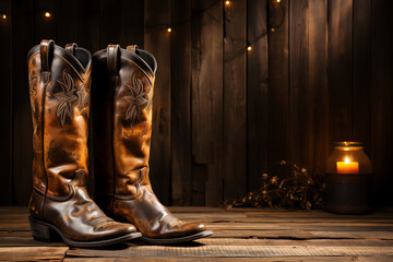 brown leather cowboy boots in wooden barn interior - obrazy, fototapety, plakaty