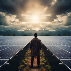 Man standing between solar panels with the sun in the background. Generative ai. 