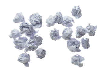 Crumpled paper ball is symbol of frustration discarded ideas, isolated white background. Crumpled paper ball write creative process, problem-solving, potential innovation. Many recycle paper angle