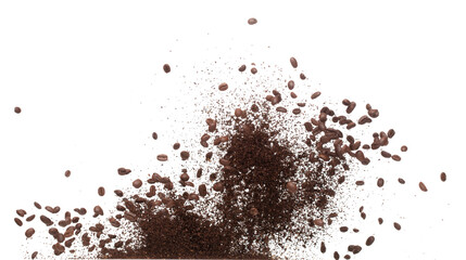Coffee powder mix bean fly explosion, Coffee crushed mix seed float explode, abstract cloud fly. Coffee dust powder bean splash throwing in Air. White background Isolated high speed shutter, freeze