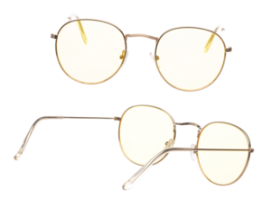 Yellow lens Fashion Glasses fly in air showing many angle rotated. Fashion trend glasses for confident work and beautiful wearing is good for shape of head. White background isolated