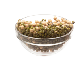 Mix green mung soy beans fall down explosion, several kind bean float explode in glass bowl. Dried soybean green mung mixed beans splash throwing in Air. White background Isolated high speed shutter