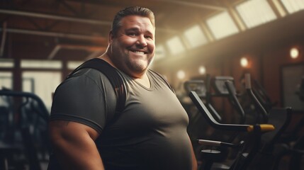Happy Overweight Man at the Gym. Generative ai - obrazy, fototapety, plakaty