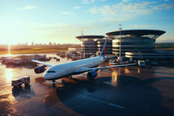 A drone view of a modern airport terminal with planes on the runways, signifying the Concept of aviation infrastructure. Generative Ai.