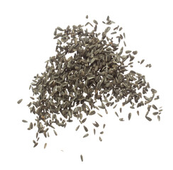 Sunflower seed grain fly in air. Sunflower seed falling scatter, explosion float in shape form line group. White background isolated freeze motion high speed shutter