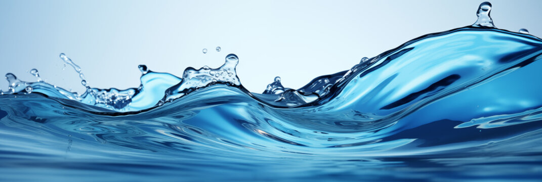 Splashes of clear clean water. Water purification and healthy lifestyle concept. AI generated banner image.