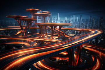 A futuristic highway interchange with traffic flowing seamlessly, illustrating the Concept of smart...
