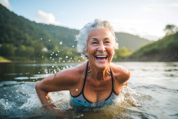 Portrait of a senior woman swimming in a lake. Her joyful expression and active lifestyle reflect her zest for life and spirited energy. Concept of vitality and happiness