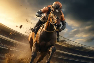 Poster A jockey skillfully riding a racehorse around a crowded racetrack, symbolizing the Concept of equestrian sports and racing. Generative Ai. © Sebastian