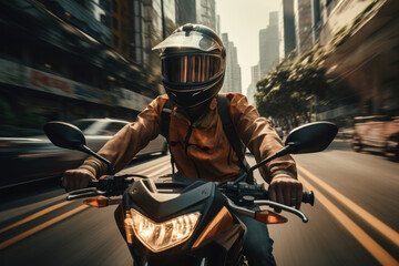 A motorcycle taxi driver navigating through traffic in an Asian city, emphasizing the Concept of...