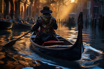 A tourist taking a scenic gondola ride through the canals of Venice, capturing the Concept of unique water-based transportation. Generative Ai.