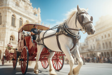 Naklejka na ściany i meble A traditional horse-drawn carriage carrying tourists through the historic streets of a European city, highlighting the Concept of heritage tourism. Generative Ai.