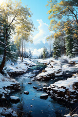 Winter picturesque watercolor landscape. Ai art