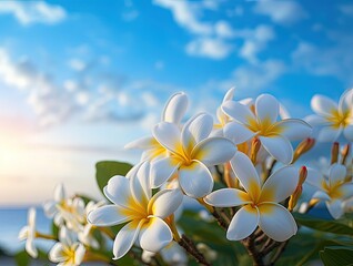 Fototapeta na wymiar frangipani flowers on blue sky background Generative AI