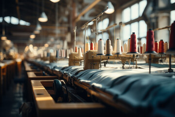 A bustling textile factory with rows of sewing machines, representing the Concept of textile manufacturing and the fashion industry. Generative Ai. - obrazy, fototapety, plakaty