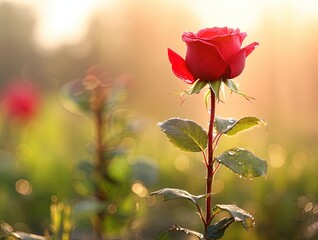 Obraz premium Red rose grew up with sunlight. Generative AI.