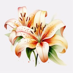 lily watercolor painting style. White background isolated. Generative AI.