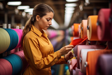 A worker in a textile factory inspecting rolls of fabric, representing the textile and garment industry's value chains. Generative Ai.