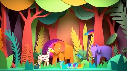 Obraz premium Colorful funny jungle simple paper cut animation Ai generated art