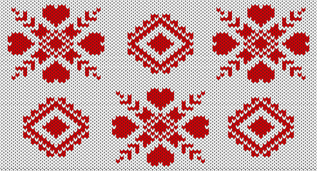 Red flower and heart on white knitted pattern, Festive Sweater Design. Seamless Knitted Pattern. - obrazy, fototapety, plakaty