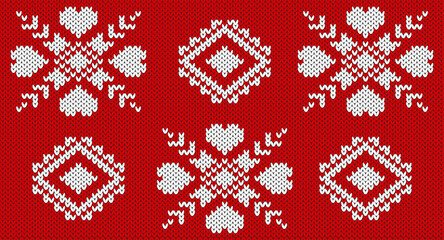 White flower and heart on red knitted pattern, Festive Sweater Design. Seamless Knitted Pattern - obrazy, fototapety, plakaty
