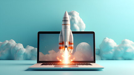 a rocket flying from the laptop screen on pastel blue background - obrazy, fototapety, plakaty