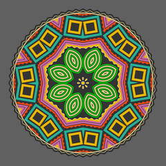 Multi-colored mandala, decorative dish, round carpet with ethnic patterns. Gray background. Vector illustration