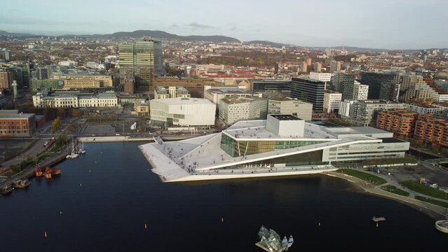 Aerial video of Oslo Opera House and buildings on the shore, Norway