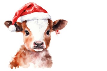 Watercolor cow celebrating christmas