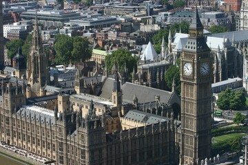 Aerial view of the iconic Big Ben clock tower in London, England. - obrazy, fototapety, plakaty