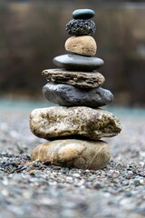 Fototapeta na wymiar Vertical sot of stacked pebbles at the beach with a blurry background
