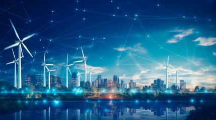 Green energy concept. Wind generators in urban area connected to smart grid and AI