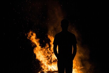 Silhouette of a person standing against a backdrop of a burning bonfire