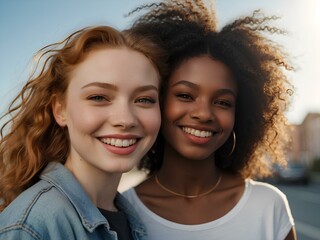 Fototapeta premium Two young women smiling brightly, a woman with red hair and white skin smiling with an African American woman. Concept for friendship, diversity and equality