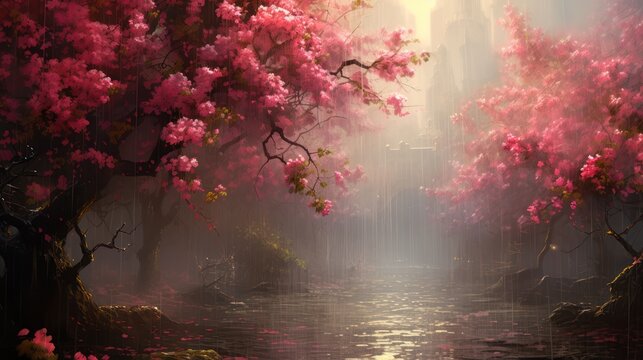 Photo illustration of cherry blossoms blooming in the wet rain