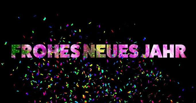 Animation of frohes neues jahr text and confetti on black background