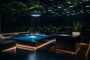 A calming office with a water feature or indoor fountain.