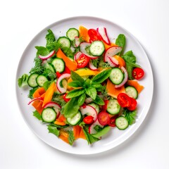 Top view on salad with tomatoes and cucumber on white background.