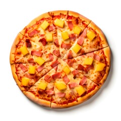 Top view on Hawaiian pizza on white background. - obrazy, fototapety, plakaty