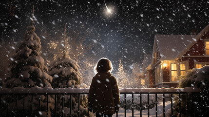 As snow blankets the world, a boy stands on the terrace, transfixed by the gentle descent of snowflakes and the magical sight of a star streaking through the wintry night sky