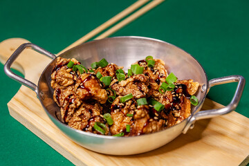 Karagee bar appetiser close up top view green background