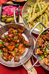 Bar food snacks and appetisers top view close up